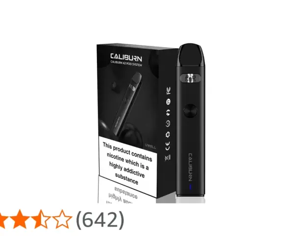 El Caliburn A2, un sistema de pod elegante y negro, junto a su caja.