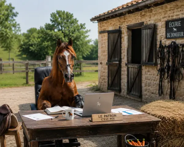 Un cheval brun avec des lunettes est assis à un bureau devant un ordinateur portable, à côté d'une écurie.