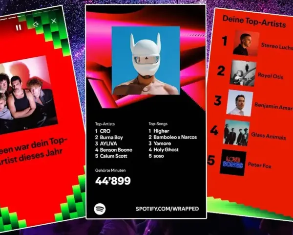 Spotify Wrapped zeigt Queen als Top-Artist. Daneben Listen mit Top-Künstlern und -Songs, sowie gehörte Minuten.