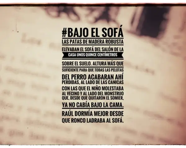Texto de un microrrelato sobre un sofá y un perro, con un estilo vintage.