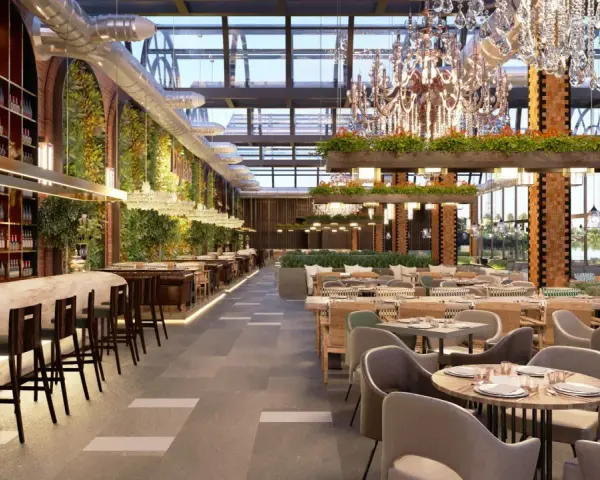 Elegante restaurante con barra de mármol, estanterías de vino, paredes verdes y exuberante vegetación, ideal para negocios de comida.