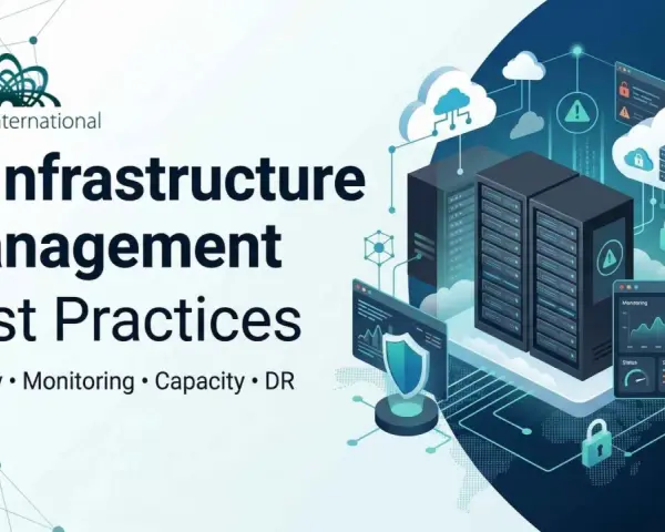 Illustration of IT infrastructure management, featuring servers, clouds, and security icons, highlighting best practices for network infrastructure management.
