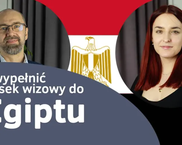 Mężczyzna i kobieta na tle flagi Egiptu, z tekstem "Jak wypełnić wniosek wizowy do Egiptu".