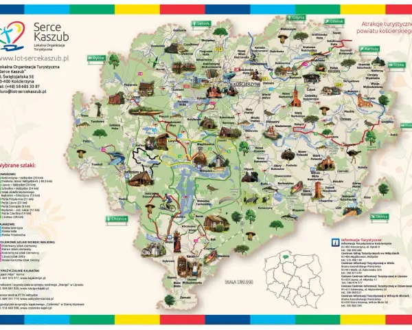 Mapa Kaszub z zaznaczonymi szlakami rowerowymi, kajakowymi i pieszymi. Atrakcje turystyczne powiatu kościerskiego czekają!