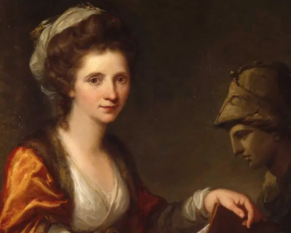 Portrait d'Angelica Kauffmann, artiste peintre, tenant un livre, avec une statue antique en arrière-plan.
