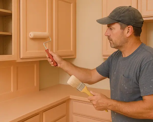 Uomo con cappellino dipinge mobili da cucina in legno con pittura murale color pesca, usando rullo e pennello.
