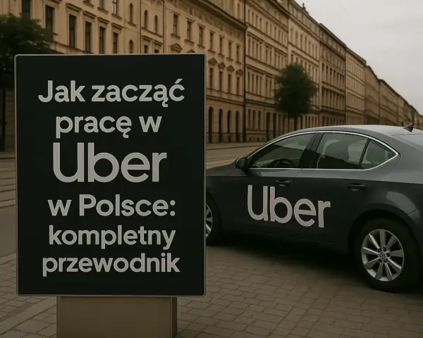 Czarny znak z napisem "Jak zacząć pracę w Uber w Polsce: kompletny przewodnik" obok ciemnoszarego samochodu Uber.