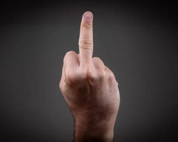 Eine Hand zeigt den Mittelfinger. Dies kann als Geste der Ablehnung oder als Zeichen der Rebellion gesehen werden, die eine Strafe nach sich ziehen kann.