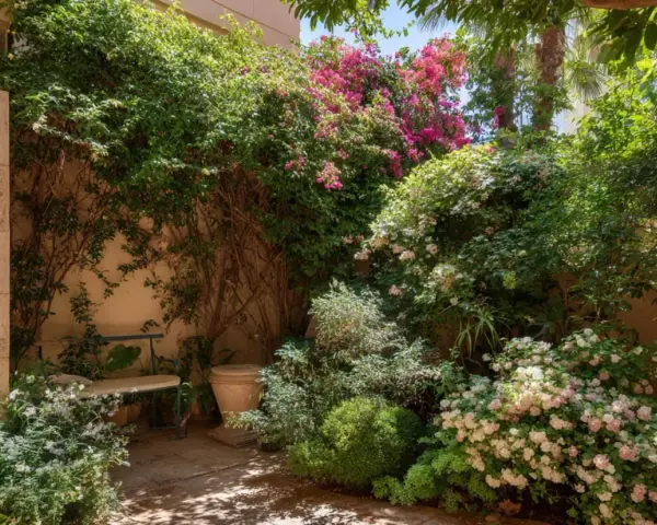 Un rincón acogedor con abundantes plantas enredaderas, flores rosas y blancas, y un banco bajo la sombra.