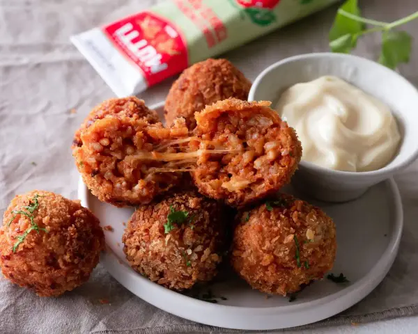 Was sind Arancini? Knusprig frittierte Reisbällchen mit geschmolzenem Käse, serviert mit einer cremigen Dip-Sauce.