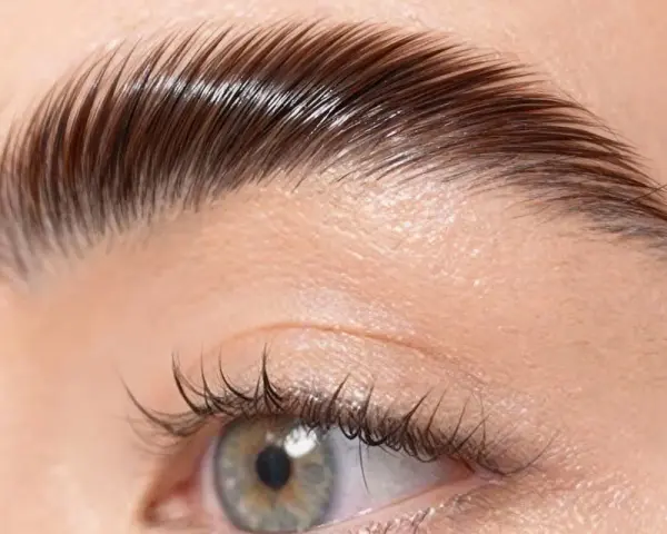 Un gros plan sur un œil et un sourcil parfaitement plaqué, montrant comment plaquer ses sourcils pour un look impeccable.