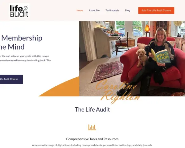Woman with dog reads "The Life Audit" book, offering a daily check list for transformation.