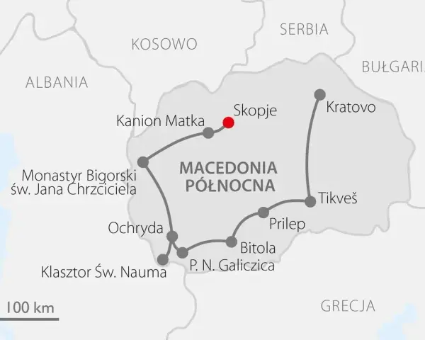 Mapa tras turystycznych po Macedonii Północnej. Planujesz macedonia wakacje? Zobacz trasę przez Skopje, Ochrydę i inne atrakcje.