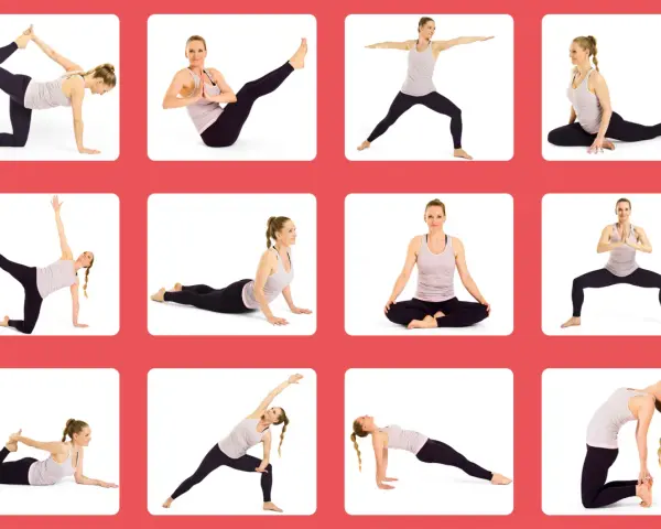 En kvinna utför olika hatha yoga-positioner, från stående till liggande, med fokus på flexibilitet och styrka.