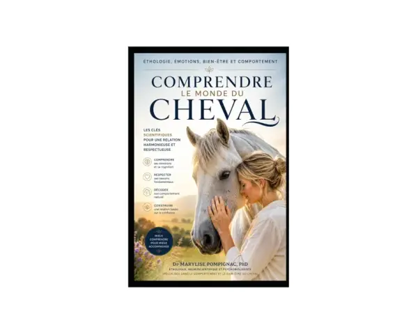 Livre "Comprendre le monde du cheval" par une éthologue. Une femme enlace un cheval blanc, illustrant l'éthologie et la relation homme-animal.