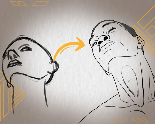 Un artiste amateur montre l'évolution d'un croquis de visage vers un portrait plus détaillé.