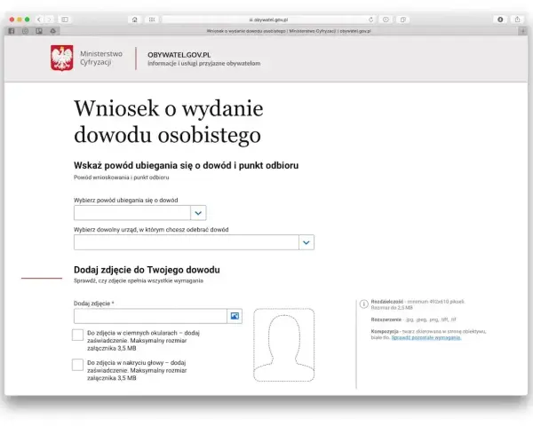 Wniosek o dowód dla dziecka online. Formularz na obywatel.gov.pl wymaga podania powodu ubiegania się o dowód i dodania zdjęcia.