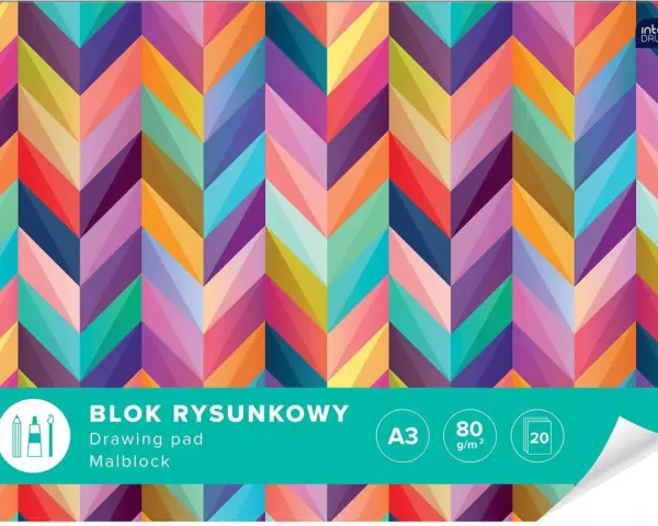 Kolorowy blok rysunkowy z motywem jodełki, idealny do szkolnej wyprawki. Format A3, 80 g/m², 20 kartek.