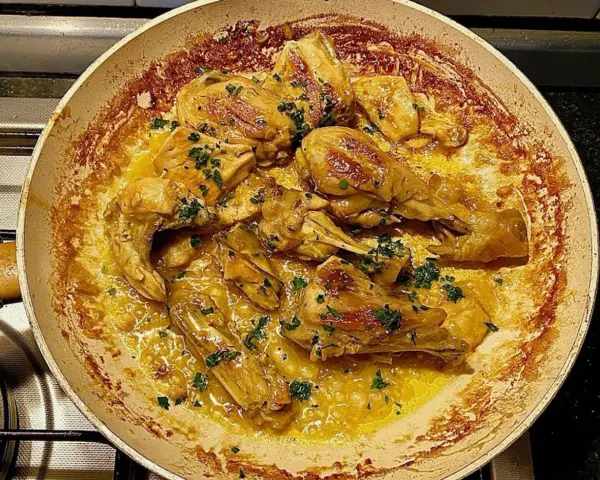 Pollo alla Marengo succulento in padella, dorato e profumato, con erbe fresche tritate.