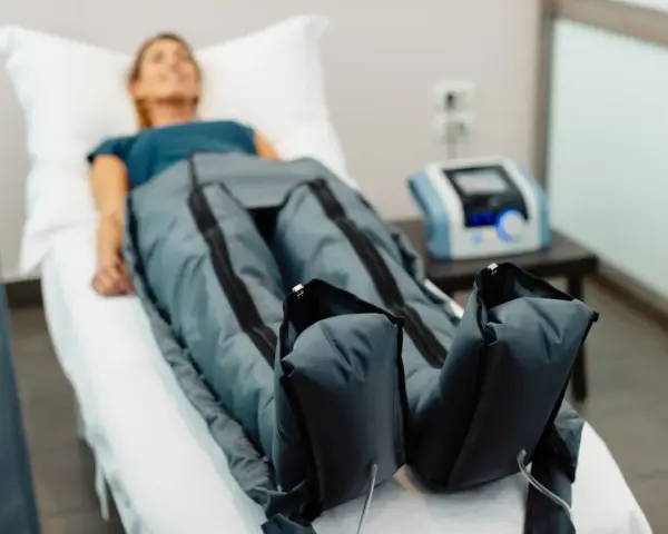 Kobieta leży na łóżku, jej nogi są w specjalnych mankietach. To presoterapia, zabieg poprawiający krążenie i redukujący obrzęki.