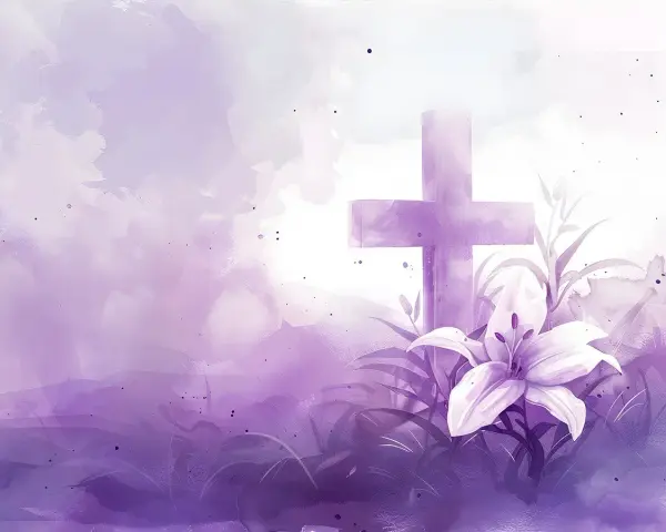 Fioletowy krzyż i lilia na tle akwarelowych chmur. Jak w psalm 147, chwała Bogu za piękno stworzenia.