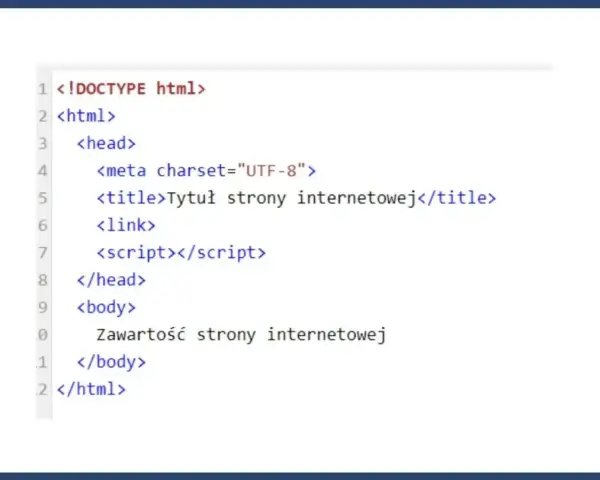 Fragment kodu HTML z podstawową strukturą strony: doctype, html, head (z meta, title, link, script) i body. To prosty komentarz do kodu.