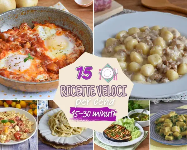 Collage di piatti invitanti, tra cui uova in purgatorio e gnocchi, che celebrano la pasta veloce per una cena in 15-30 minuti.