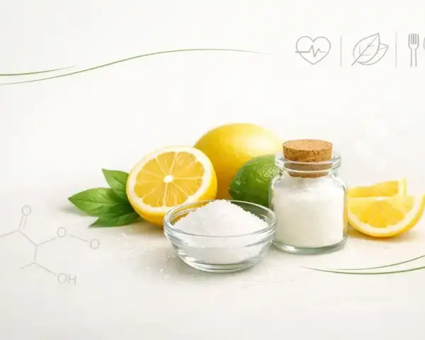 Cytryny, limonka i biały proszek w słoiku. Czy kwasek cytrynowy jest zdrowy? Ikony serca, liścia i sztućców sugerują zdrowie i dietę.