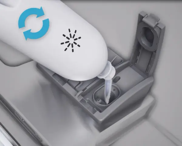 Flasche mit Pfeilsymbol für das Bosch Maschinenpflege Programm wird in einen Behälter geleert.