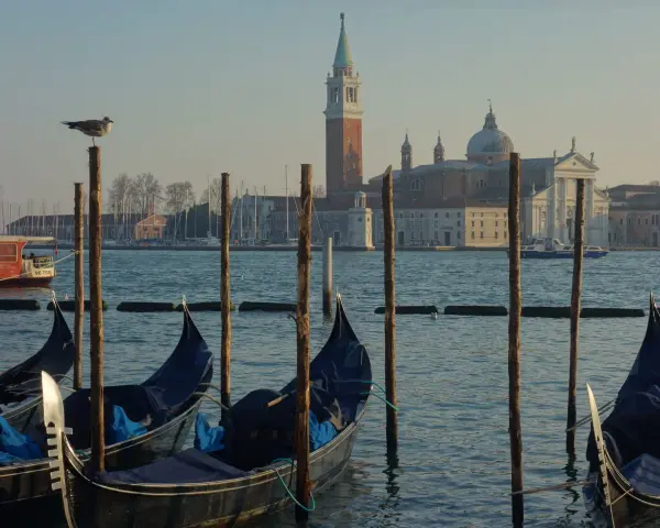 Gondole czekają na turystów na weneckiej trasie. W tle kościół San Giorgio Maggiore.