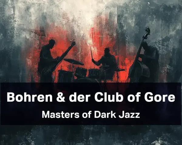 Silhouettes muzyków zespołu Bohren & der Club of Gore na tle mrocznego, abstrakcyjnego obrazu z czerwonymi akcentami.
