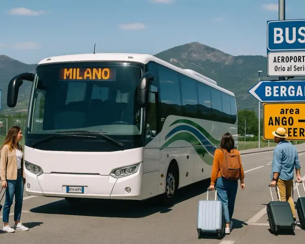 Autobus z napisem MILANO czeka na pasażerów. Dwie osoby z walizkami kierują się w stronę pojazdu, gotowe na podróż.