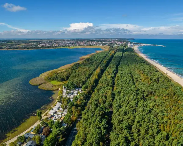 Półwysep Helski widziany z lotu ptaka: las sosnowy, kemping, zatoka i plaża nad Bałtykiem.