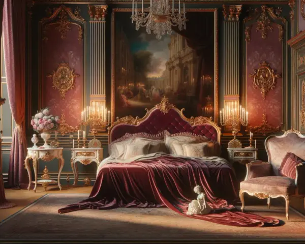 Chambre opulente, drapée de velours rouge, avec un tableau rappelant Fragonard Le Verrou. Une poupée de porcelaine repose sur la couverture.