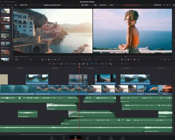 Darmowy program do montowania filmów, gdzie tworzysz wakacyjne wideo. Widok edycji z klipami wideo i ścieżkami audio.