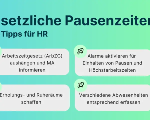 Top-Tipps für HR: Gesetzliche Pausenzeiten beachten, ArbZG aushängen, Alarme für Pausen aktivieren, Erholungsräume schaffen.