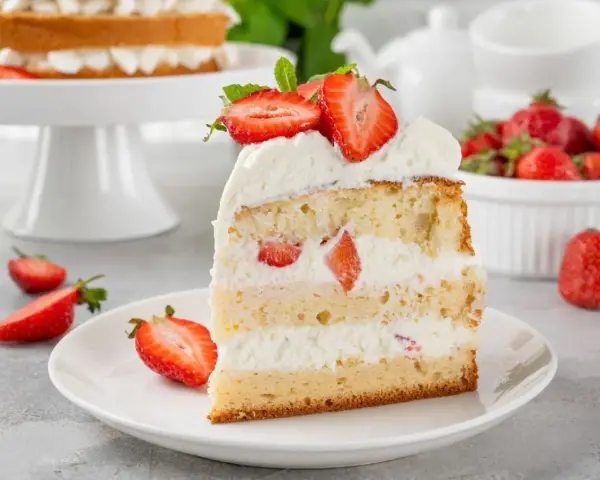 Puszysty biszkopt przełożony kremową masą z mascarpone i kawałkami truskawek, udekorowany świeżymi owocami.