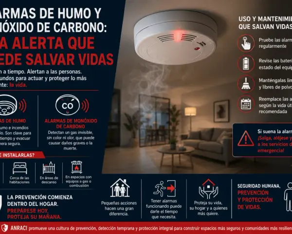 Infografía sobre tipos de detectores de humo y monóxido de carbono, su instalación y mantenimiento para salvar vidas.