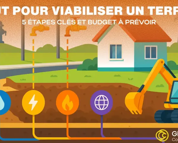 Illustration du coût pour viabiliser un terrain : ouvriers, pelleteuse, et réseaux (eau, électricité, gaz, internet) pour un projet de construction.