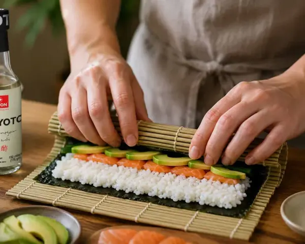 Ręce zwijają sushi z łososiem i awokado. Obok butelka octu ryżowego "Tokyoto" - idealna zaprawa do sushi na 500g ryżu.