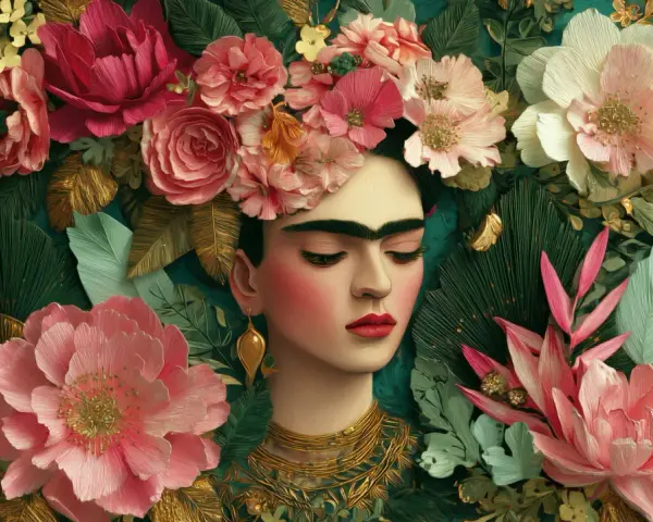 Portrait de Frida Kahlo, couronnée de fleurs roses et blanches, entourée de feuillage luxuriant et de touches dorées. Une œuvre inspirée par le style de Frida Kahlo.