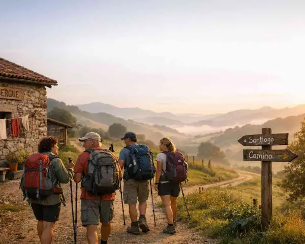 Pellegrini con zaini e bastoncini da trekking si dirigono verso un cartello che indica "Santiago Camino". La domanda "quanto dura il cammino di Santiago" risuona mentre il sole sorge su dolci colline nebbiose.