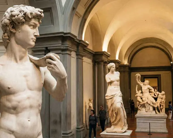 Wielkie, najsłynniejsze rzeźby w muzeum: Dawid, Wenus z Milo i Laokoon.
