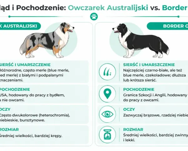 Australijski pies o umaszczeniu merle, z USA, często ma dwukolorowe oczy. Border Collie czarno-biały, z pogranicza Szkocji i Anglii.