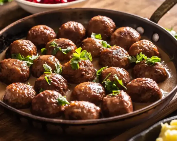 Une poêle remplie de boulettes de viande savoureuses, nappées de sauce crémeuse et garnies de persil frais. Une invitation à découvrir cette recette de boulette de viande.