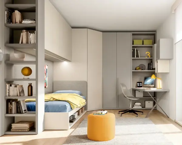 Camerette con cabina armadio, letto singolo, scrivania e libreria. Arredamento moderno e funzionale per ragazzi.