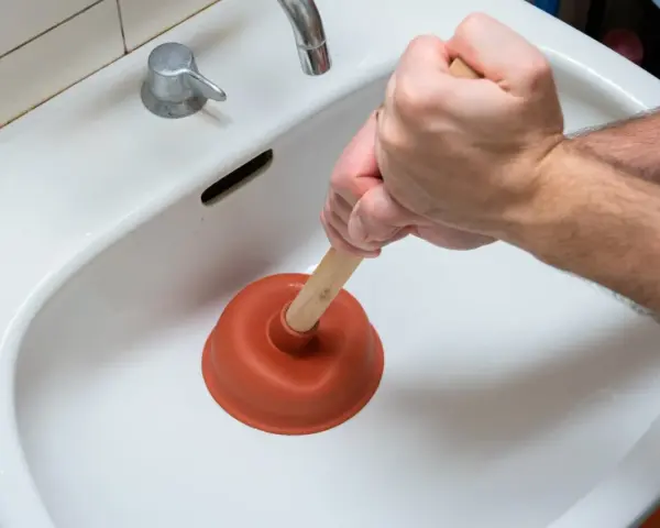 Main tenant utilise une ventouse pour déboucher un lavabo bouché.