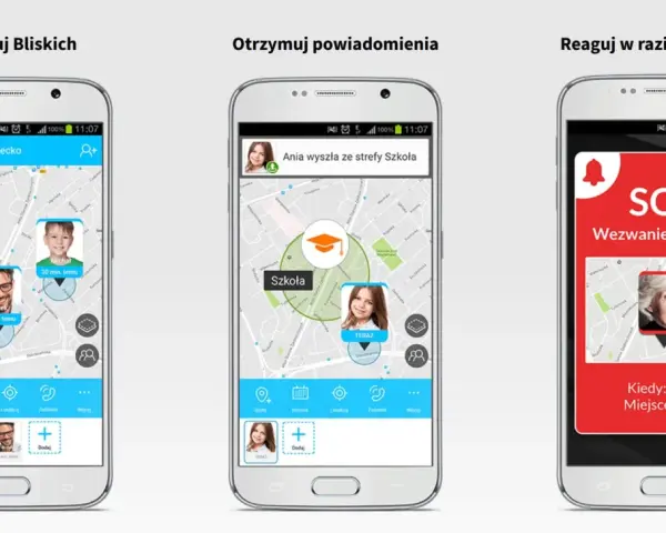 Aplikacja do lokalizowania telefonu i bliskich. Pokazuje pozycje dzieci na mapie, powiadomienia o wyjściu ze strefy i funkcję SOS.