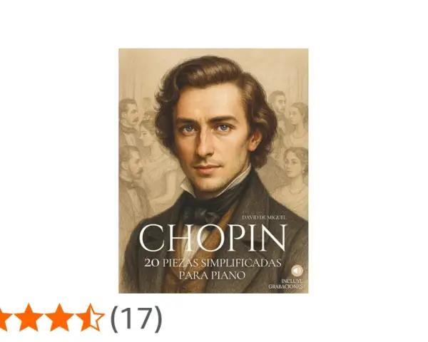 Portada de libro "Chopin: 20 piezas simplificadas para piano", con retrato del compositor y fondo de figuras de época. Incluye valoraciones.