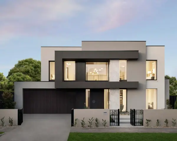Modernas fachadas exteriores de casas con líneas limpias, grandes ventanales y detalles en mármol. Un diseño elegante y contemporáneo.